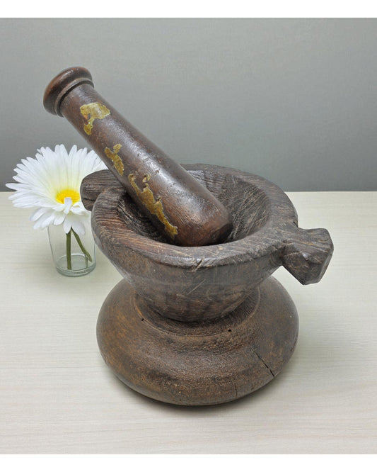 Antique Wooden Kitchenware Spice Grinding Bowl Original Old Hand Carved