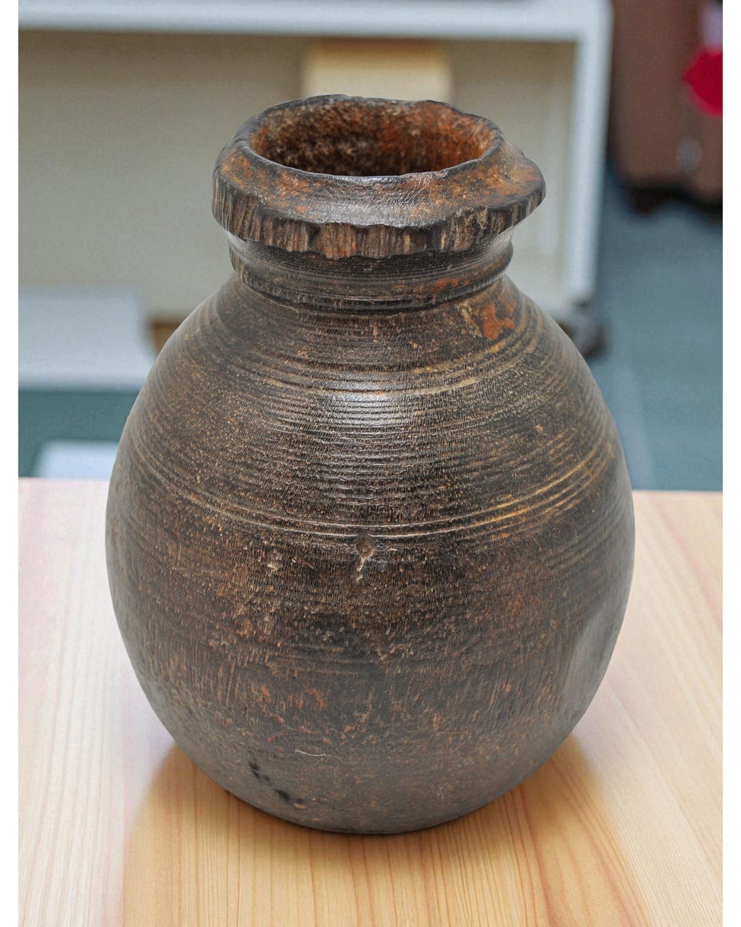 Antique Wooden Small Round Water Drinking Pot Original Old Hand Carved