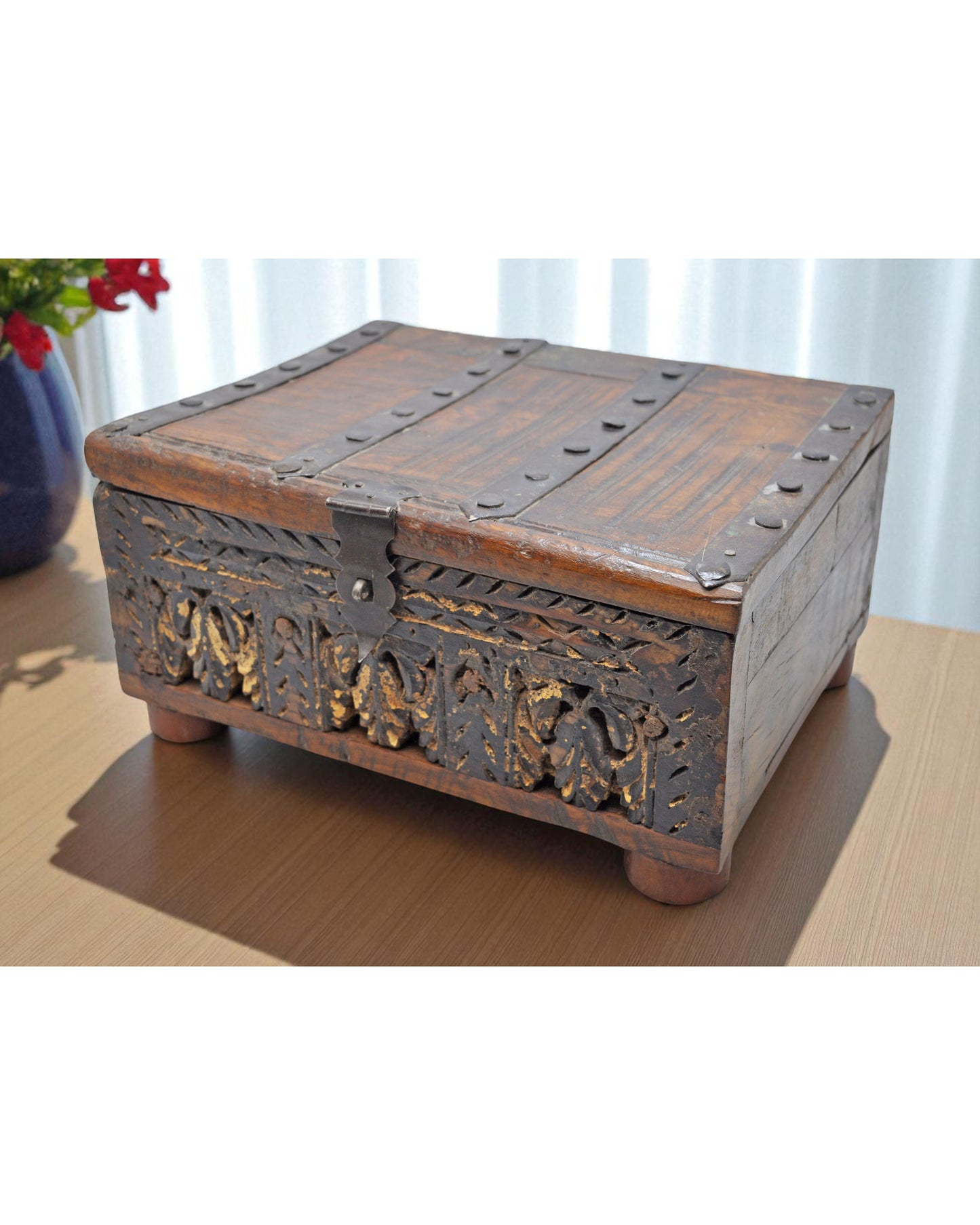 Antique Wooden Large Storage Treaure Chest Box Original Old Fine Hand Carved