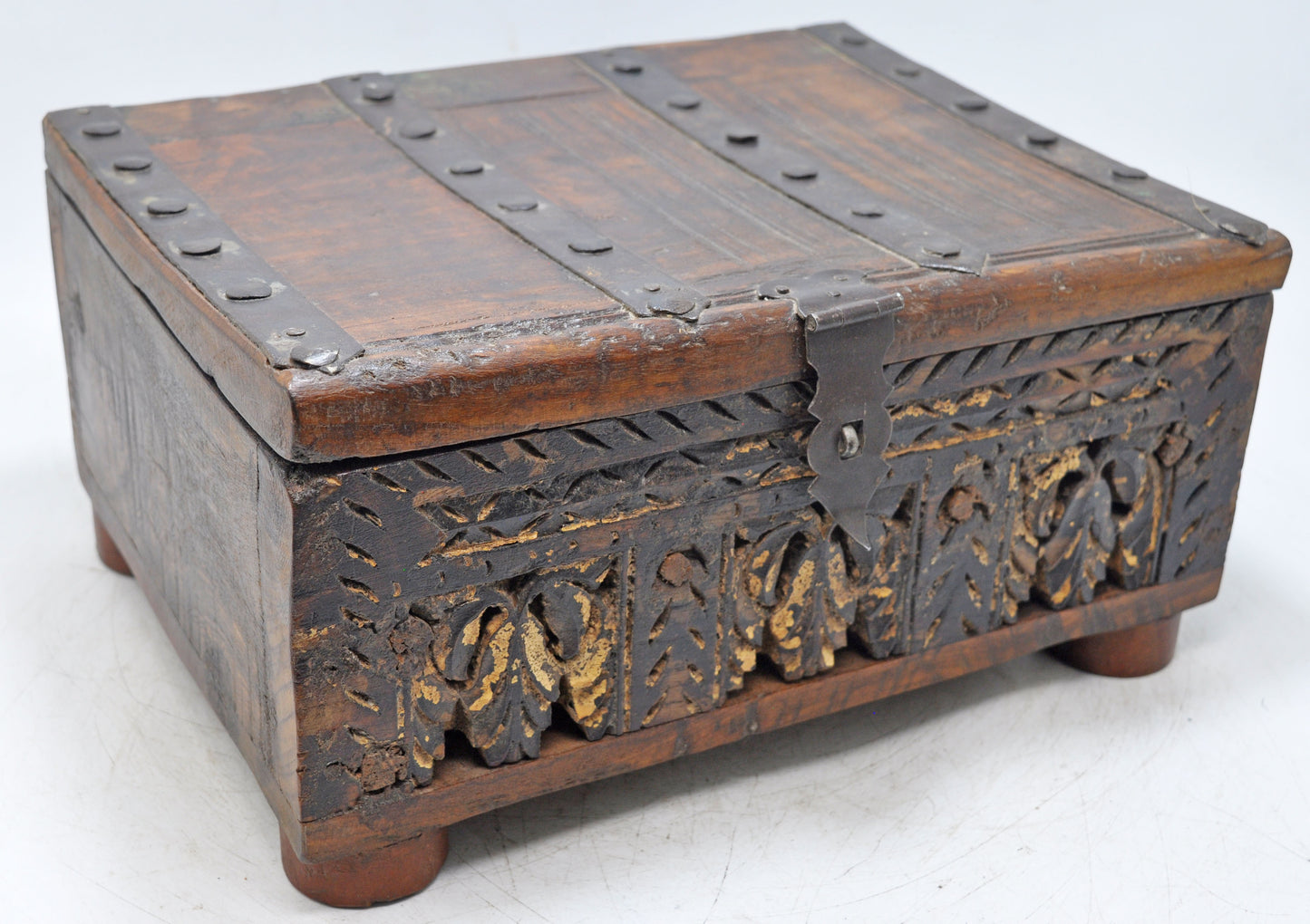 Antique Wooden Large Storage Treaure Chest Box Original Old Fine Hand Carved