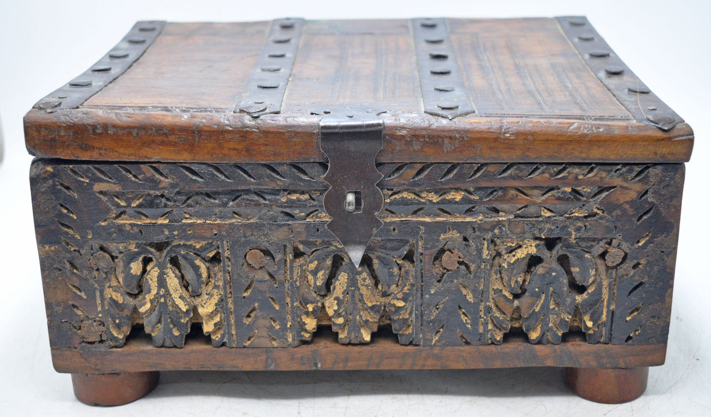 Antique Wooden Large Storage Treaure Chest Box Original Old Fine Hand Carved