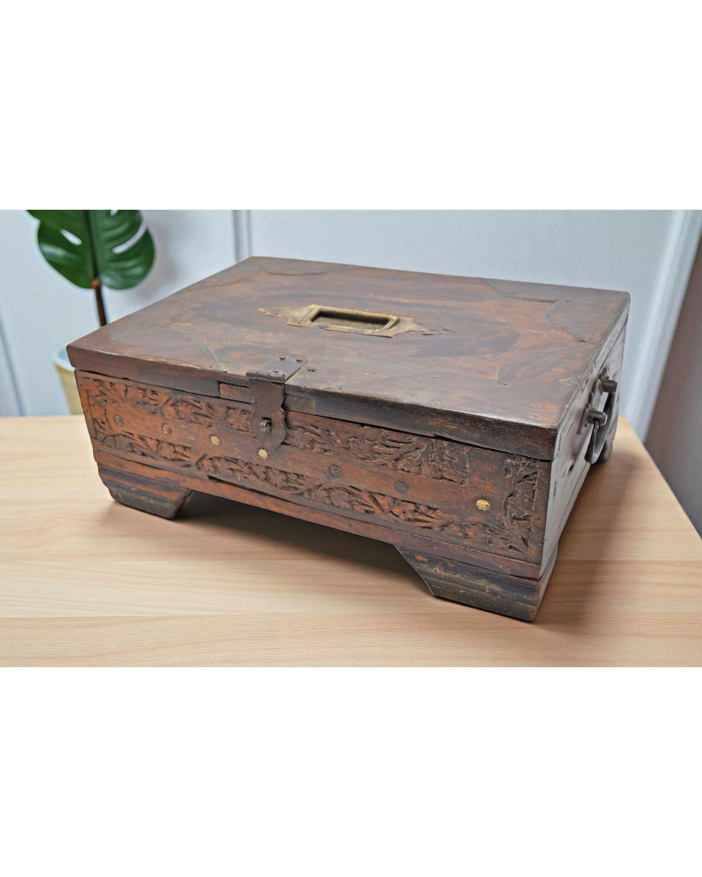 Antique Wooden Large Storage Treaure Chest Box Original Old Fine Hand Carved