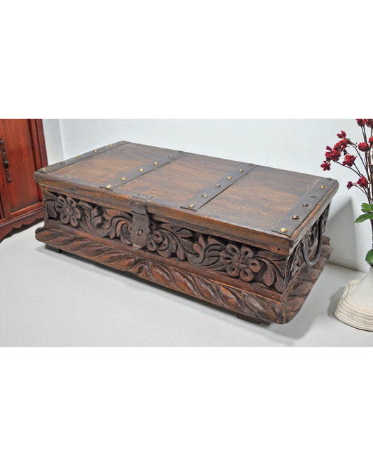 Antique Wooden Treasure Chest Box Original Old Hand Carved Metal Fitted