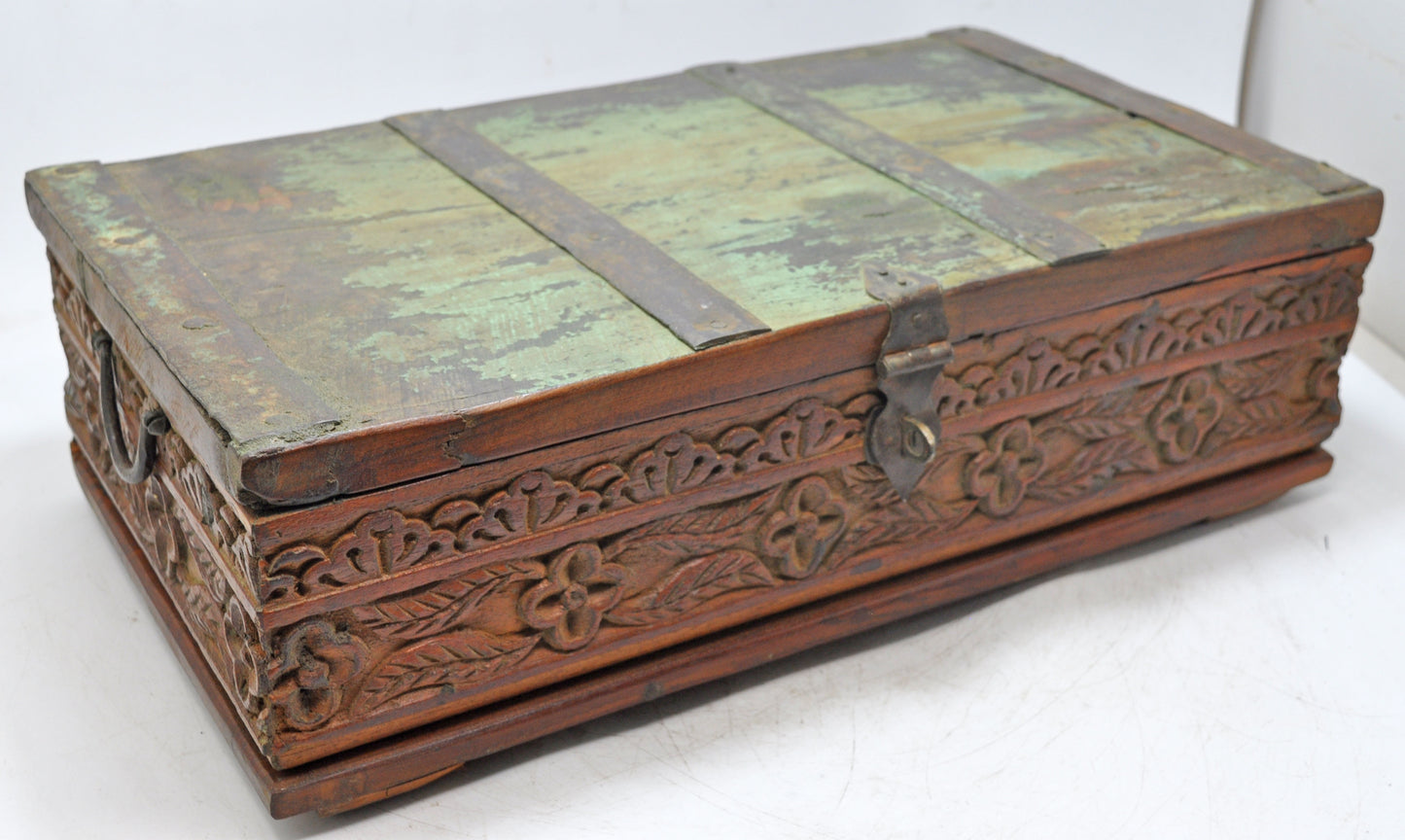 Antique Wooden Treasure Chest Box Original Old Hand Carved Metal Fitted