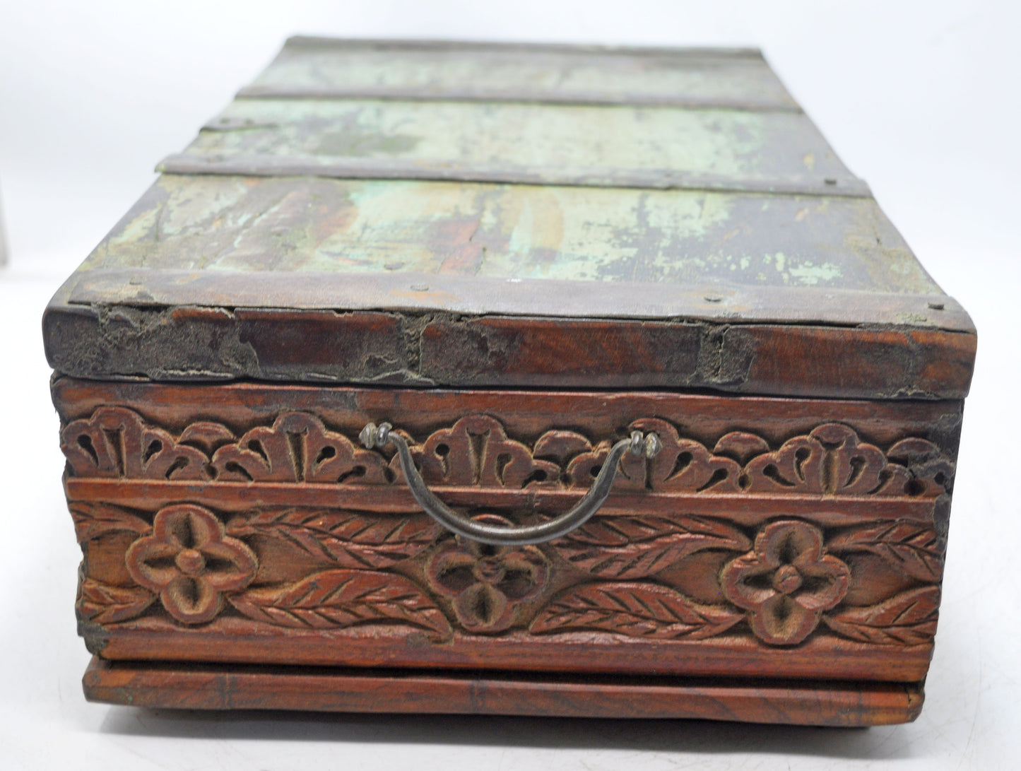 Antique Wooden Treasure Chest Box Original Old Hand Carved Metal Fitted