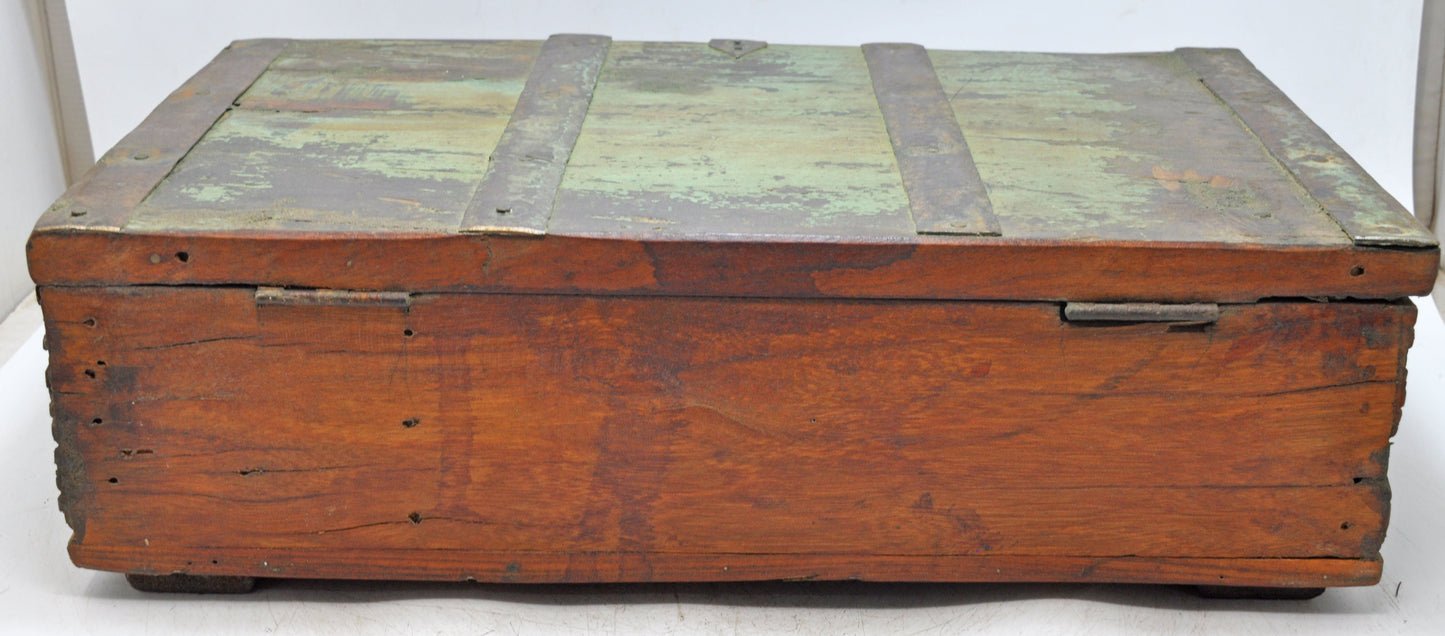 Antique Wooden Treasure Chest Box Original Old Hand Carved Metal Fitted