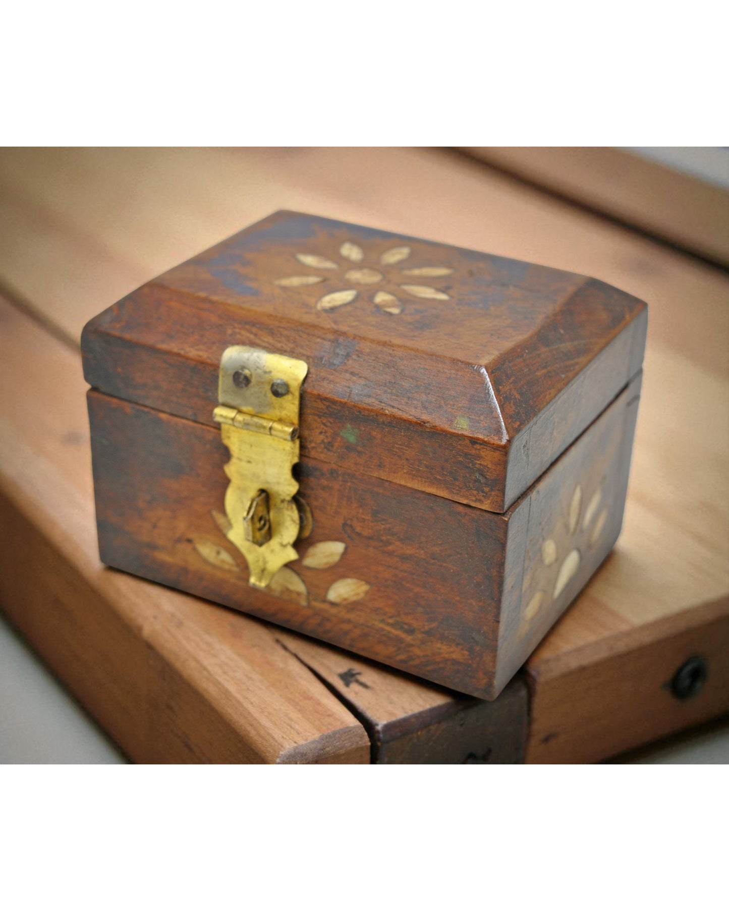 Vintage Wooden Small Storage Box Original Old Hand Crafted Brass Fitted
