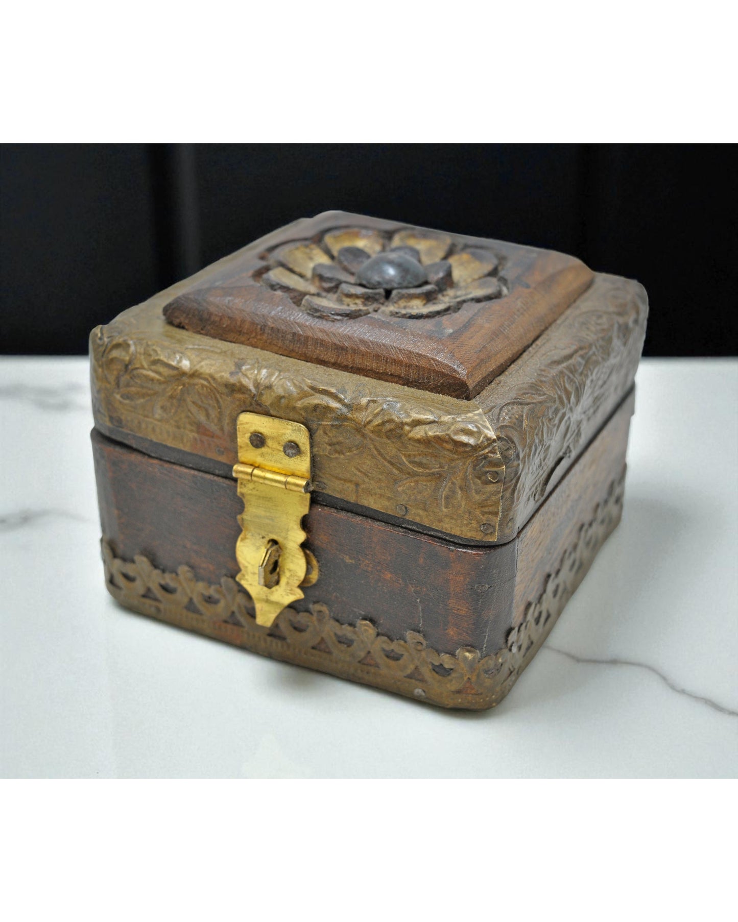 Vintage Wooden Small Storage Box Original Old Hand Crafted Brass Fitted