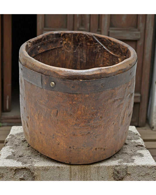 Antique Wooden Kitchenware Round Grain Measurement Pot Original Old Hand Carved