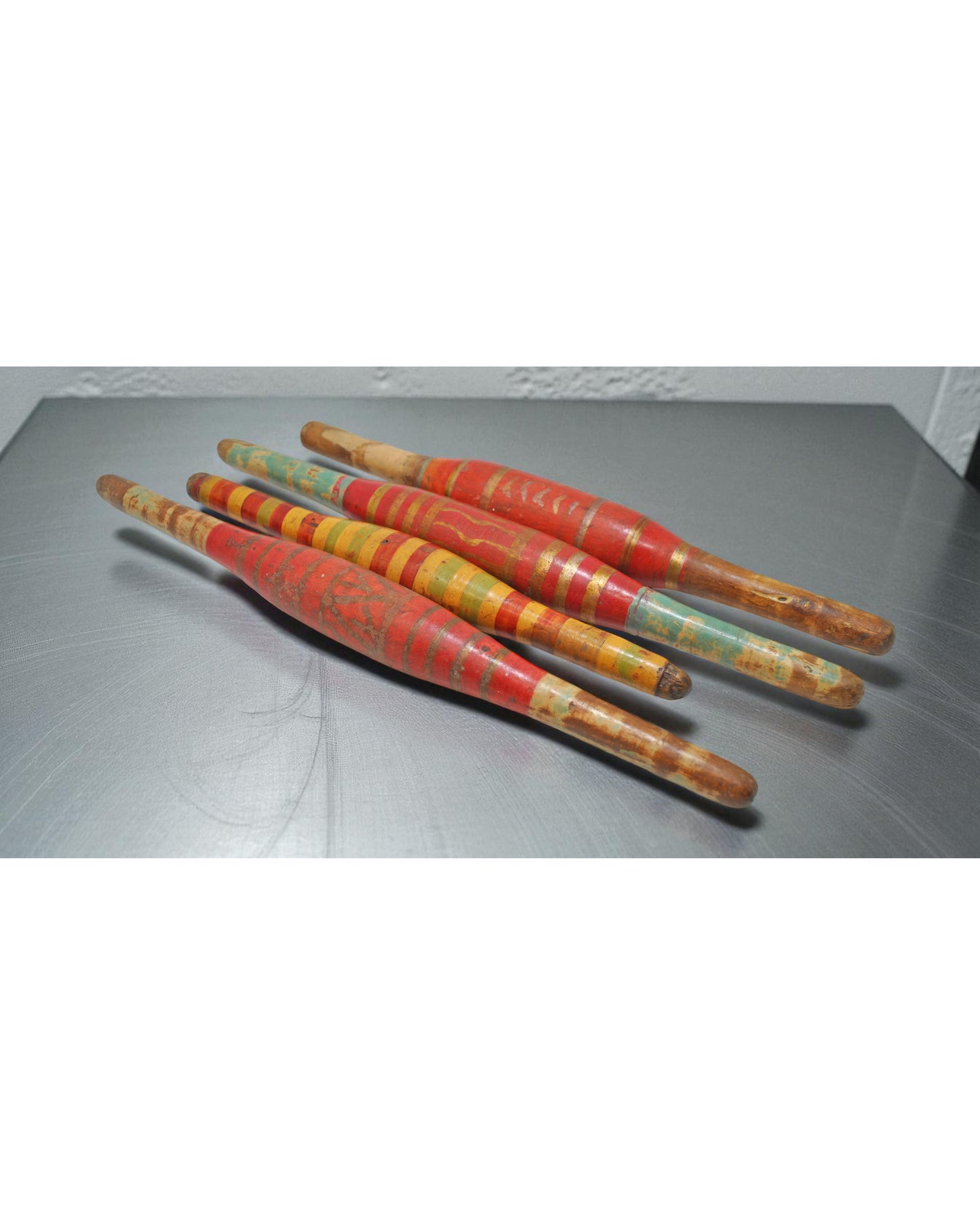 Lot of 4 Antique Wooden Rolling Pins Belan Original Old Hand Caved Lacquer Painted