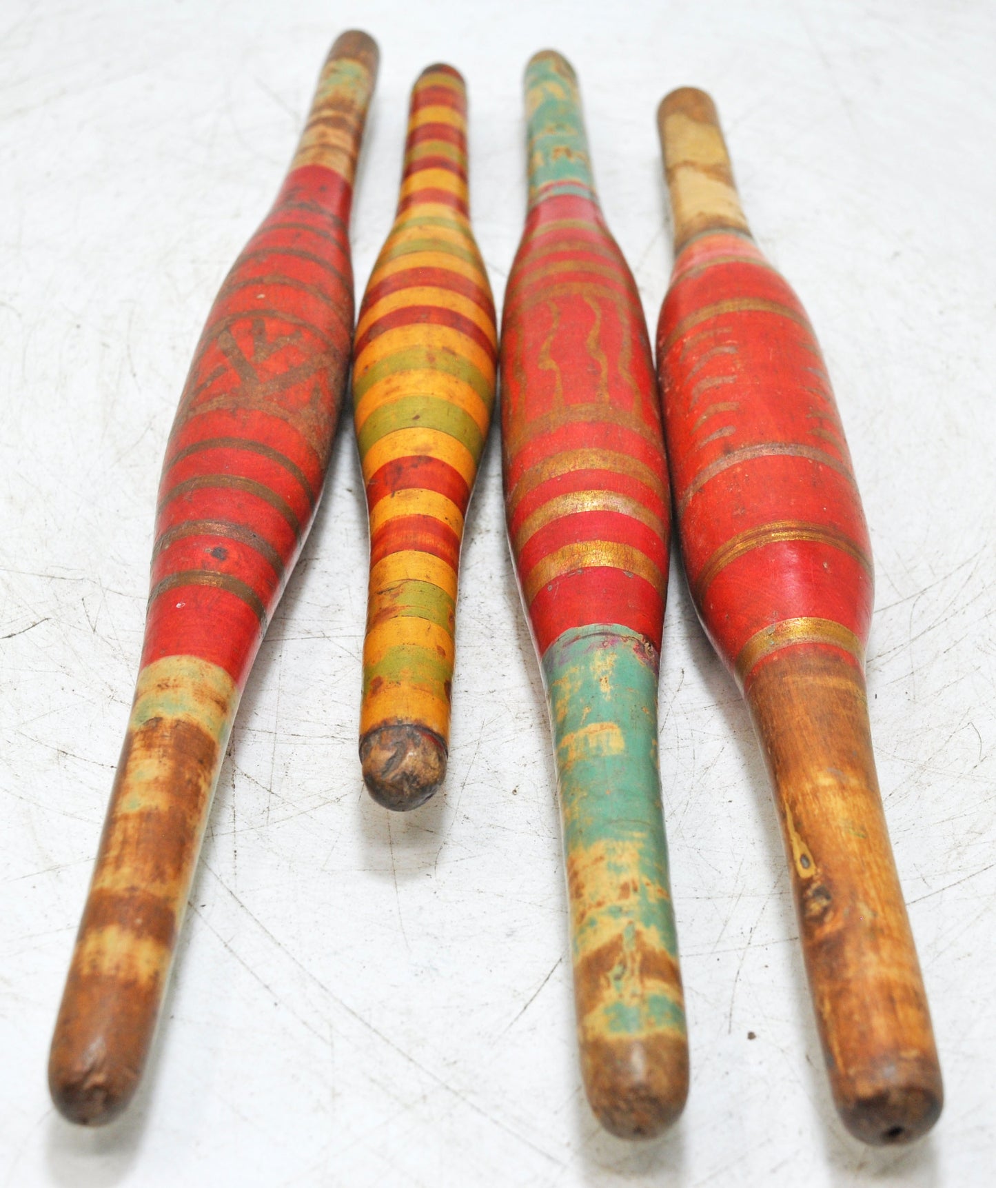 Lot of 4 Antique Wooden Rolling Pins Belan Original Old Hand Caved Lacquer Painted