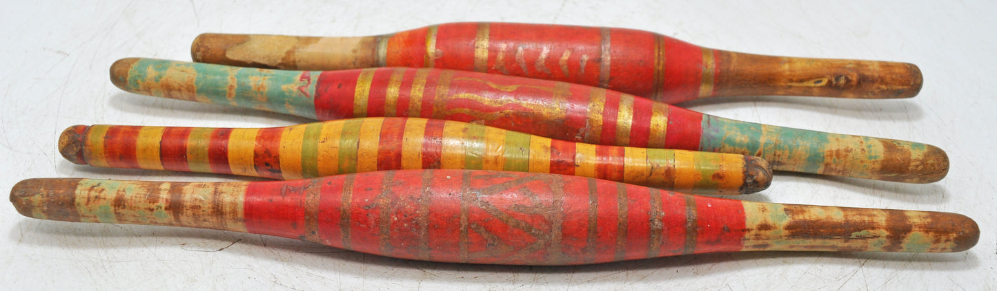 Lot of 4 Antique Wooden Rolling Pins Belan Original Old Hand Caved Lacquer Painted