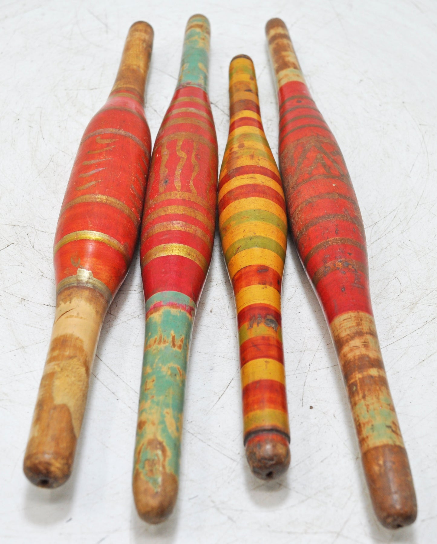 Lot of 4 Antique Wooden Rolling Pins Belan Original Old Hand Caved Lacquer Painted