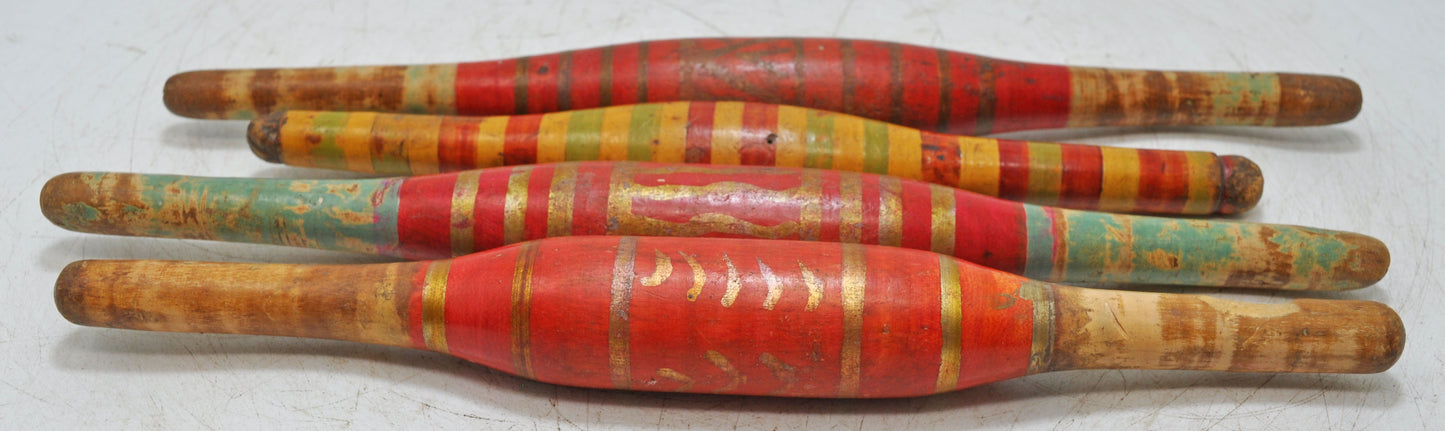 Lot of 4 Antique Wooden Rolling Pins Belan Original Old Hand Caved Lacquer Painted