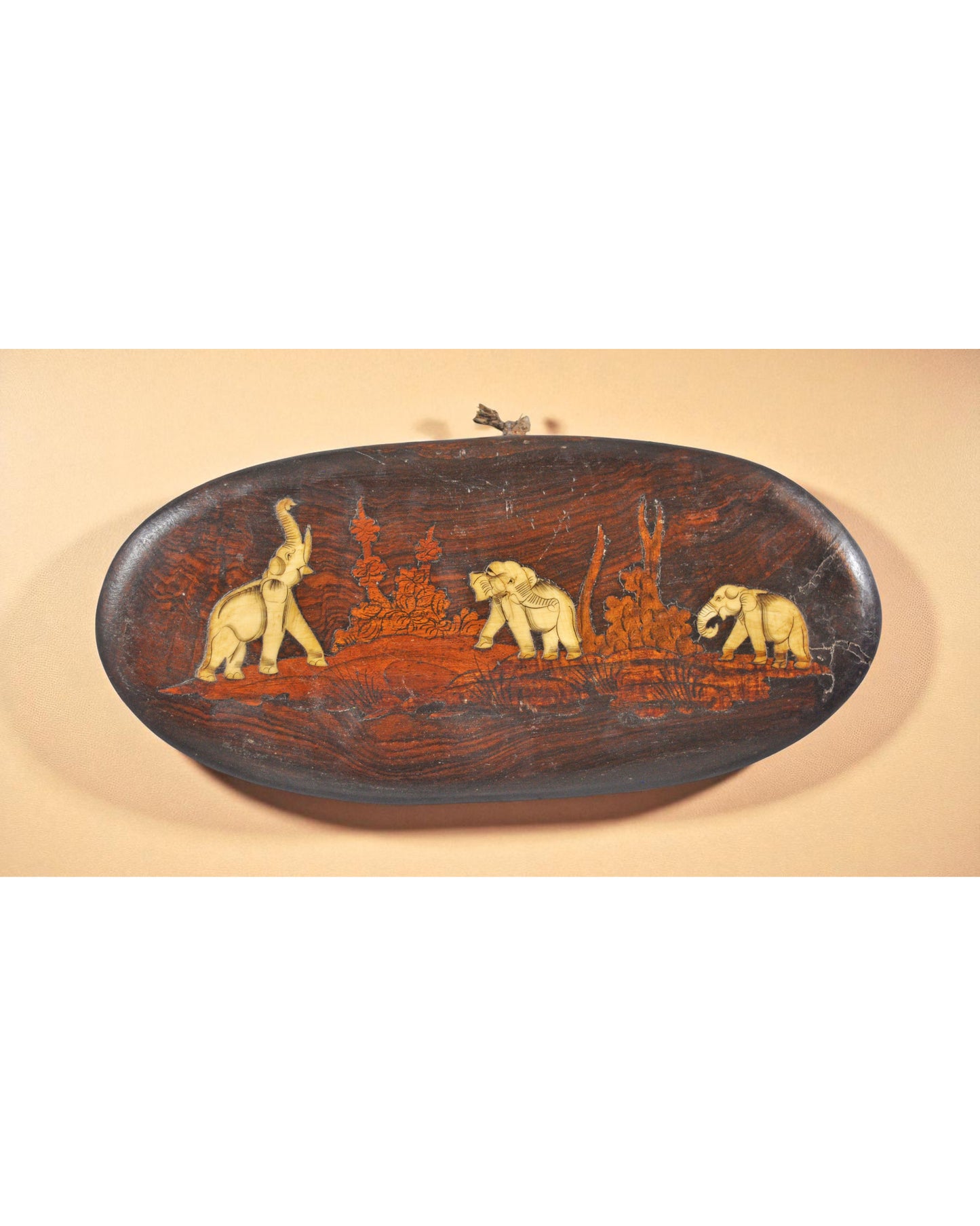 Antique Wooden Wall Décor Panel Elephants Original Old Hand Crafted Inlay