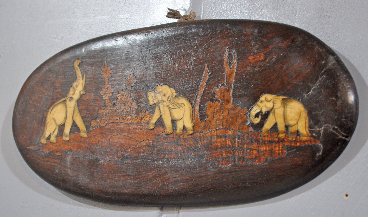 Antique Wooden Wall Décor Panel Elephants Original Old Hand Crafted Inlay