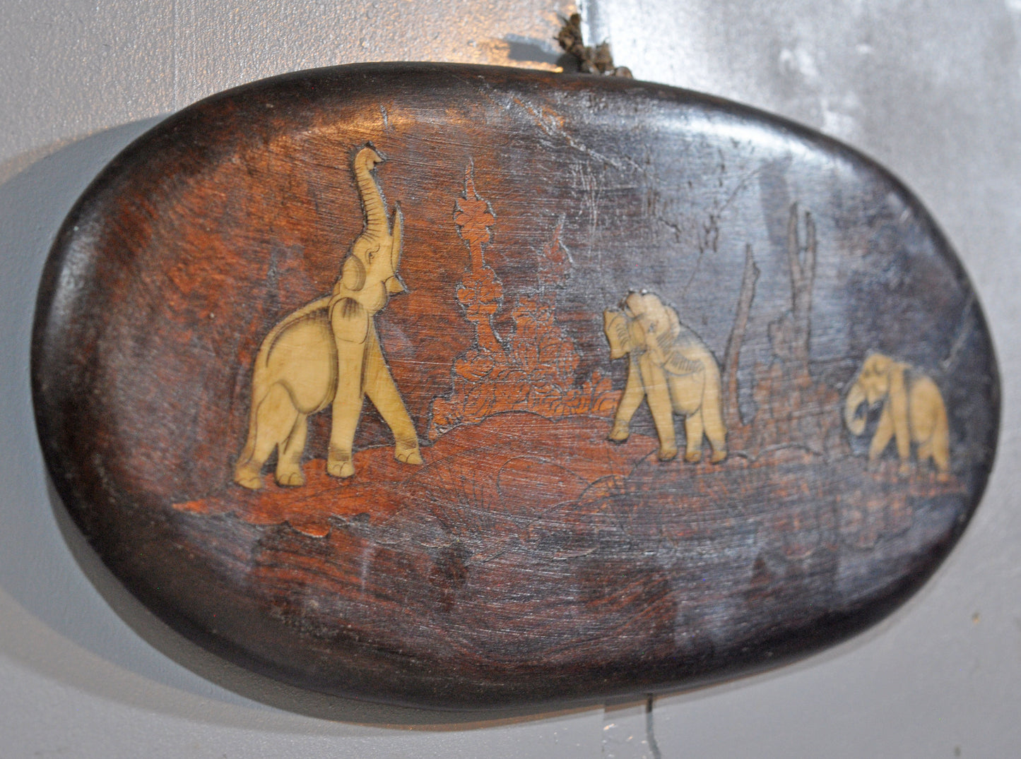 Antique Wooden Wall Décor Panel Elephants Original Old Hand Crafted Inlay