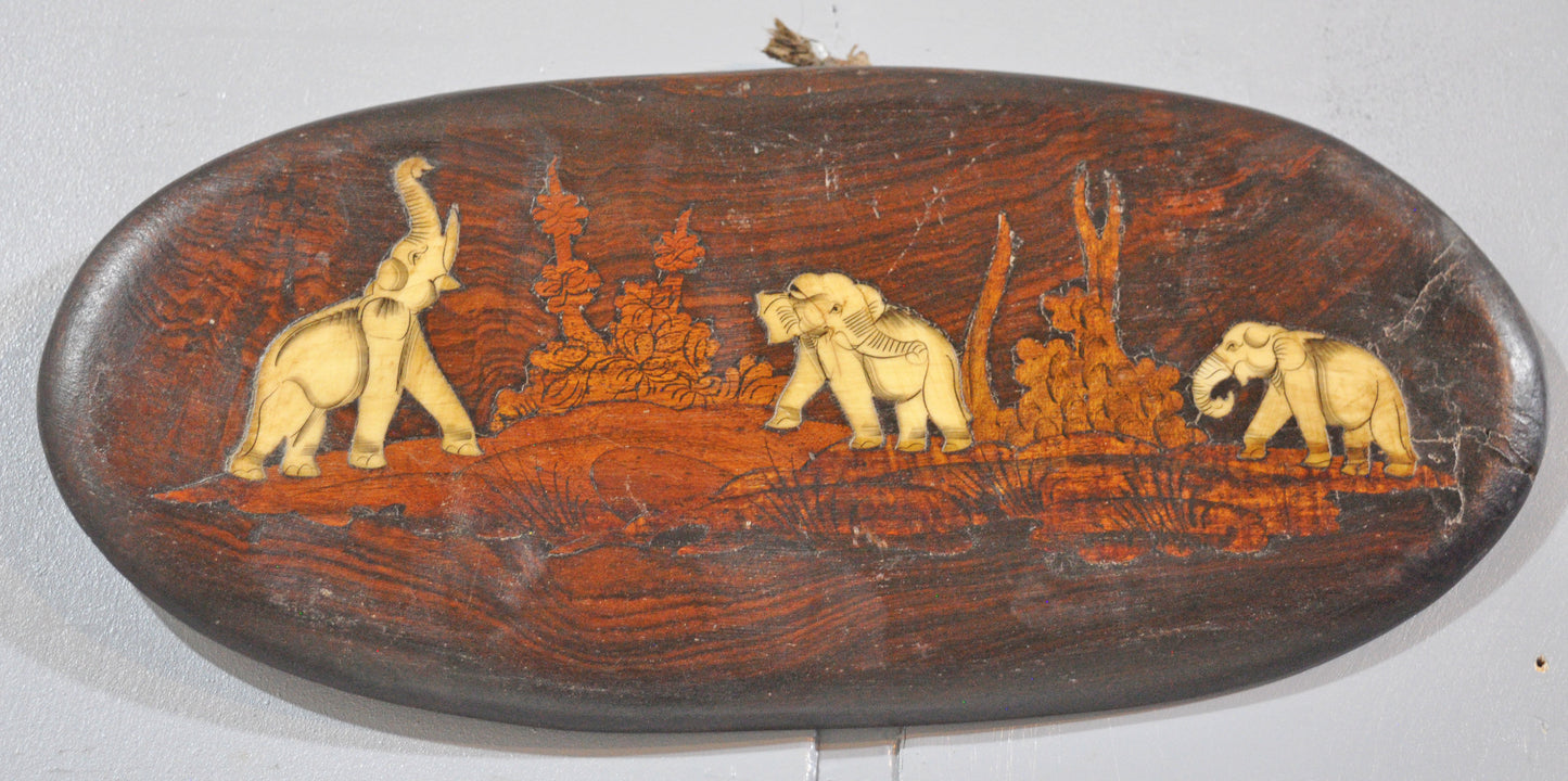 Antique Wooden Wall Décor Panel Elephants Original Old Hand Crafted Inlay