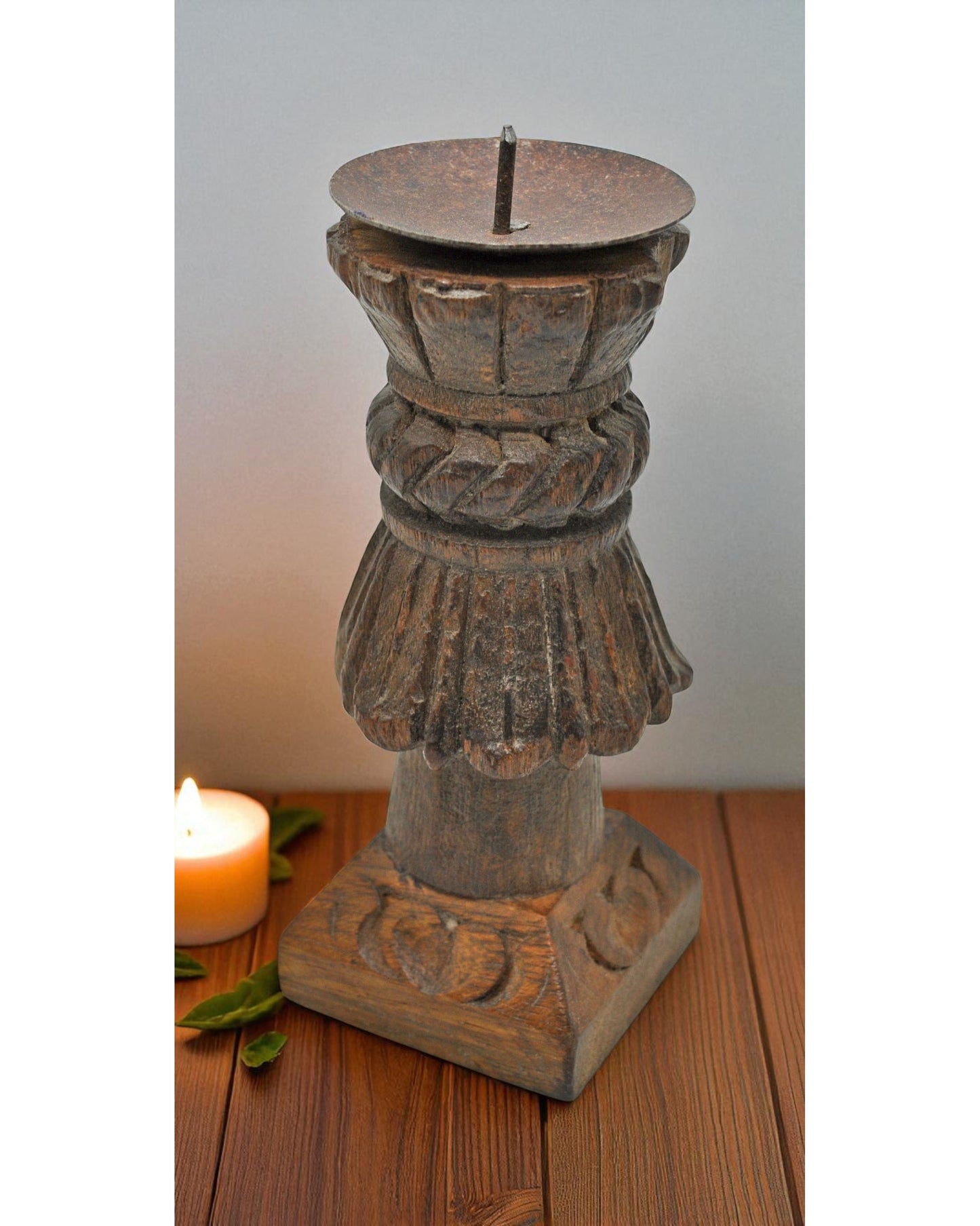 Antique Wooden Candle Holder Stand Original Old Hand Carved