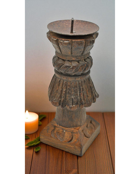 Antique Wooden Candle Holder Stand Original Old Hand Carved