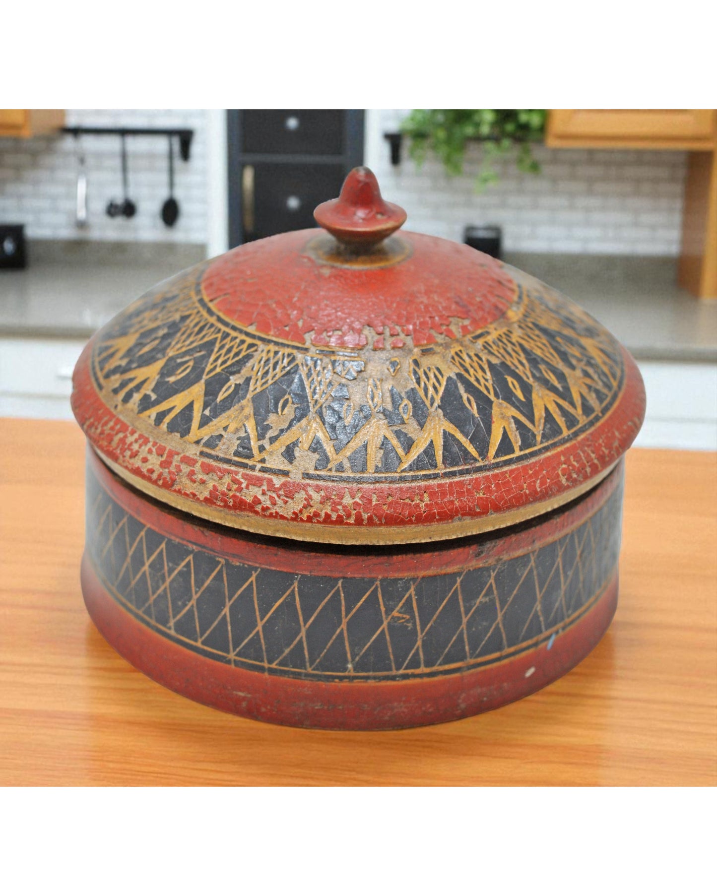 Antique Wooden Lacquerware Round Box Original Old Hand Carved