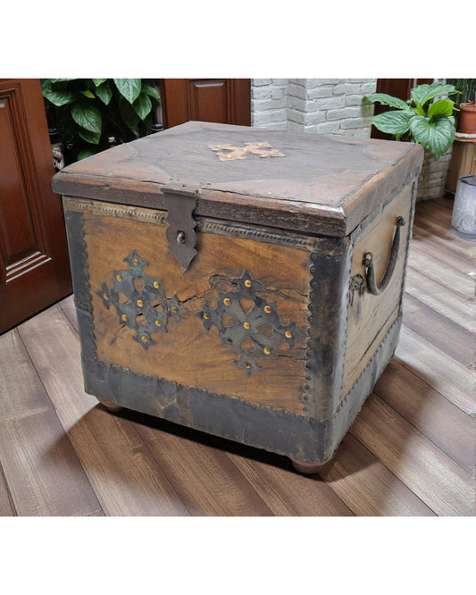 Vintage Wooden Square Storage Chest Box Original Old Hand Crafted Metal Fitted