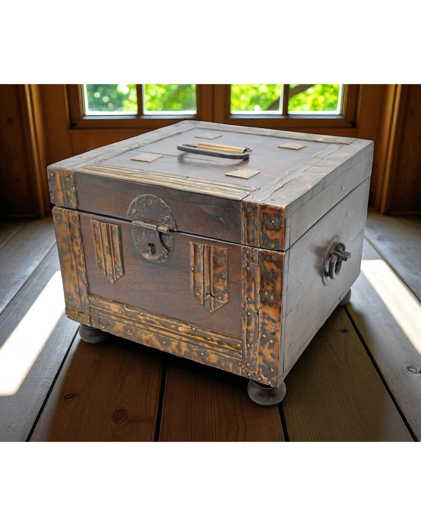 Antique Wooden Storage Chest Box Original Old Hand Crafted Brass Fitted