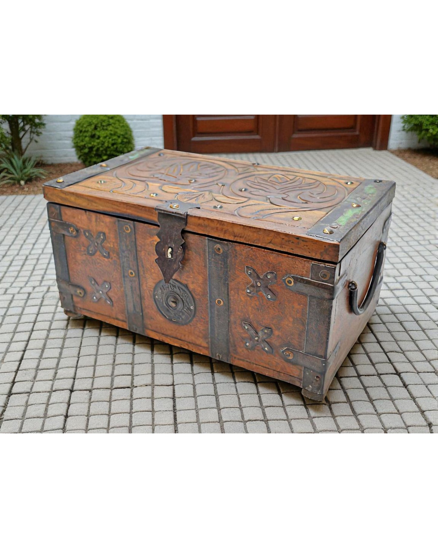 Antique Wooden Storage Chest Box Original Old Hand Crafted Carved Metal Fitted