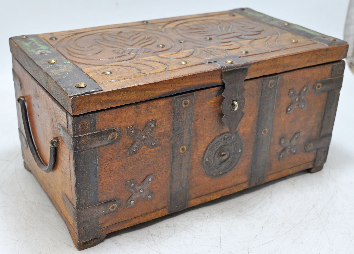 Antique Wooden Storage Chest Box Original Old Hand Crafted Carved Metal Fitted