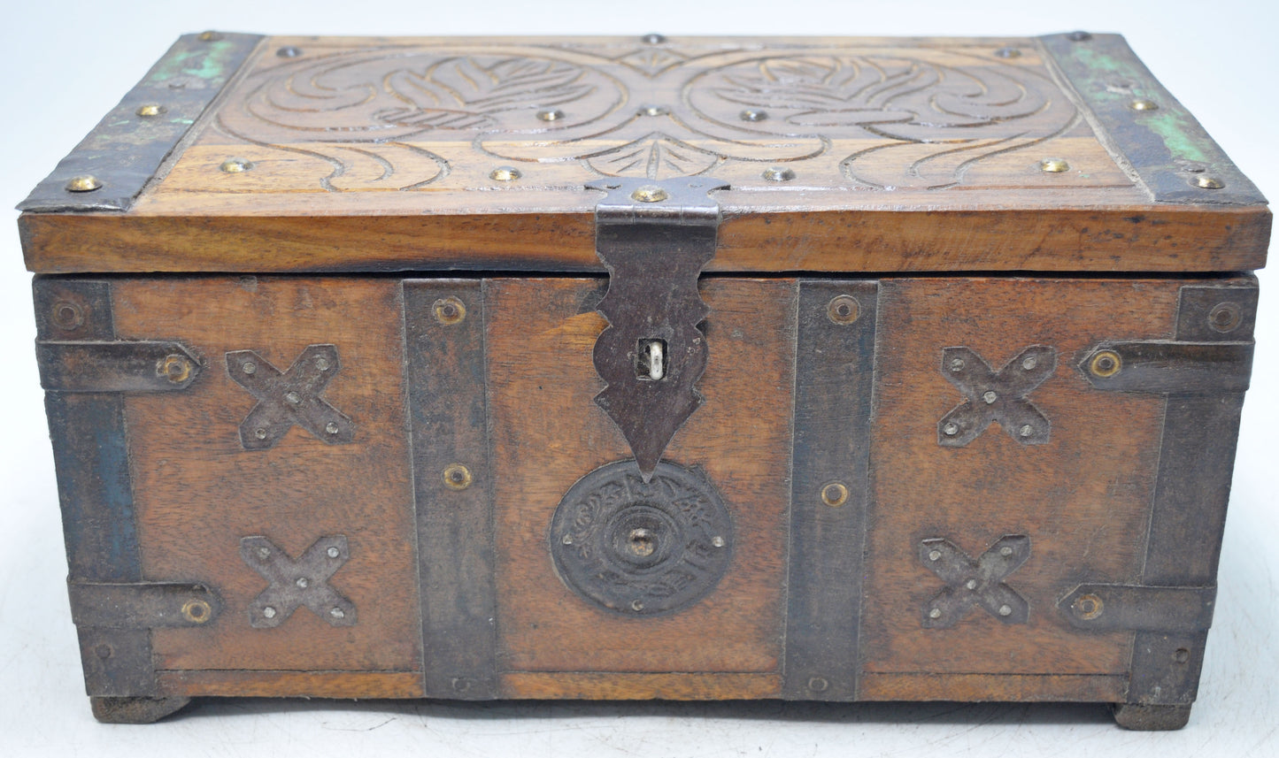 Antique Wooden Storage Chest Box Original Old Hand Crafted Carved Metal Fitted