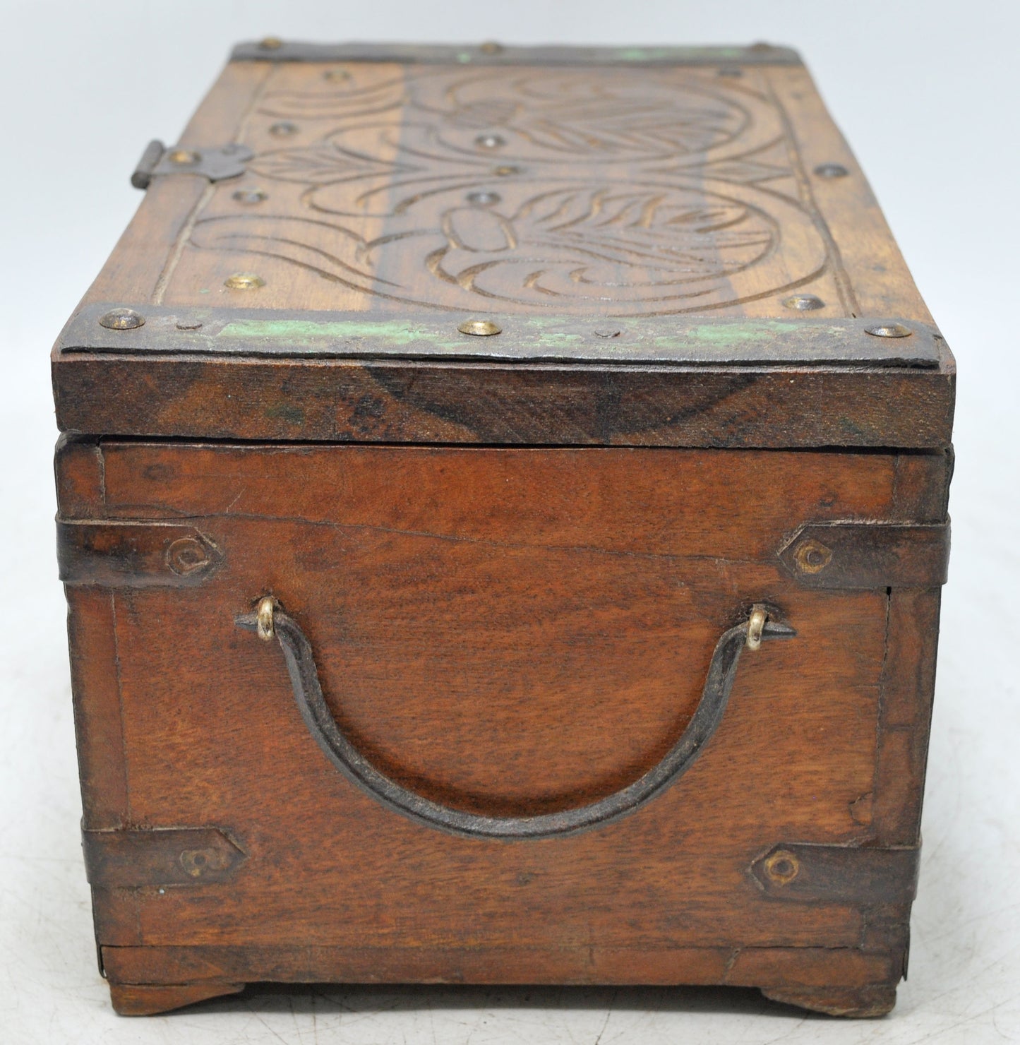 Antique Wooden Storage Chest Box Original Old Hand Crafted Carved Metal Fitted