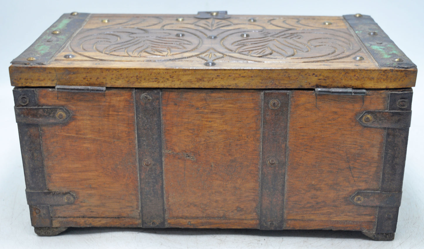 Antique Wooden Storage Chest Box Original Old Hand Crafted Carved Metal Fitted