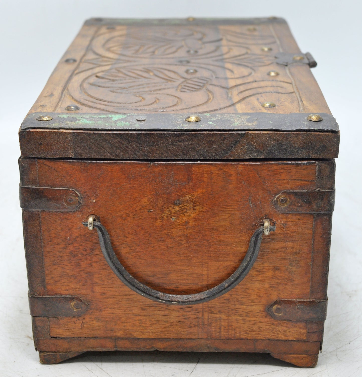 Antique Wooden Storage Chest Box Original Old Hand Crafted Carved Metal Fitted