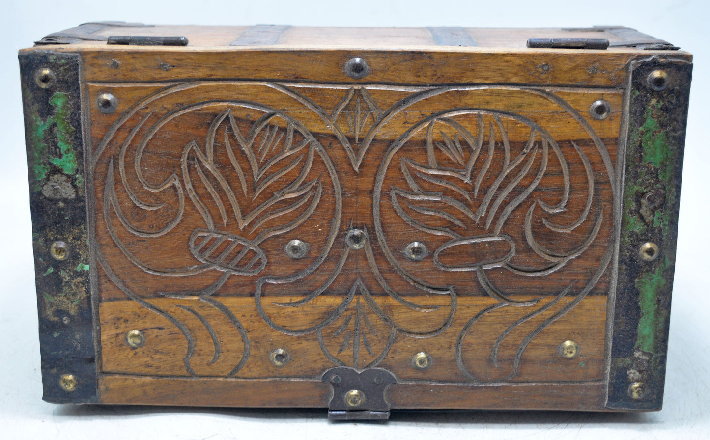 Antique Wooden Storage Chest Box Original Old Hand Crafted Carved Metal Fitted