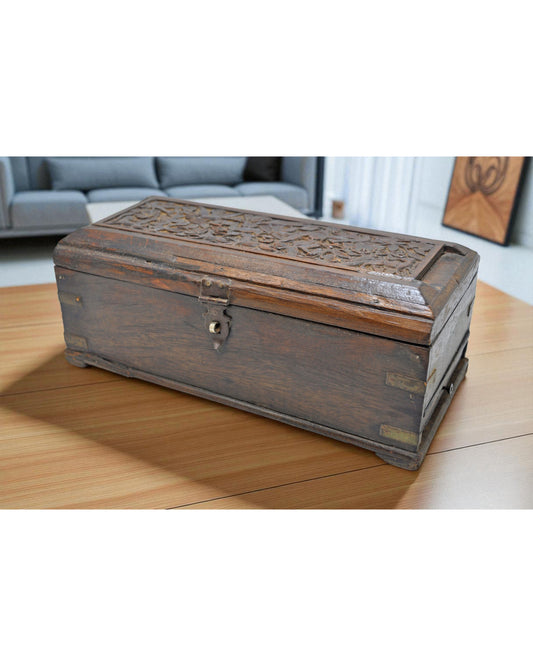 Antique Wooden Pencil Stationary Box Original Old Fine Hand Carved Metal Fitted