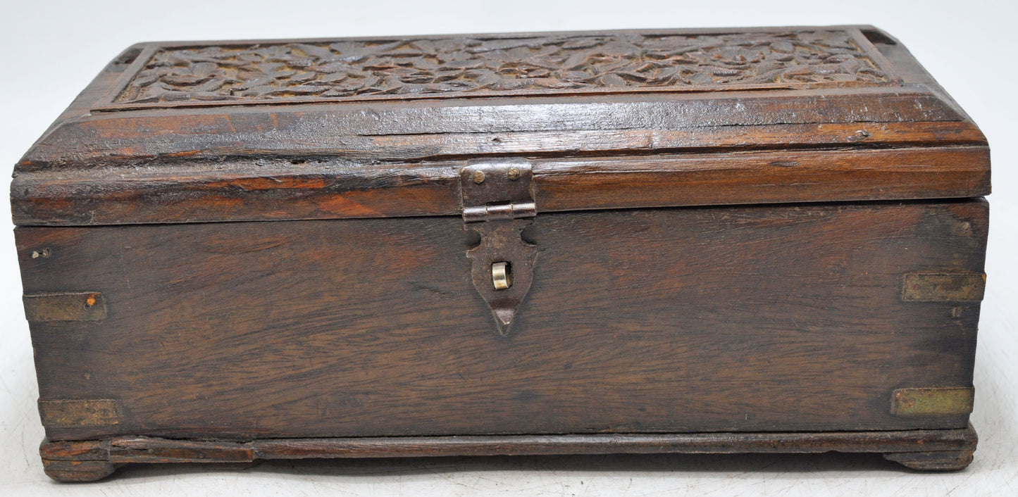 Antique Wooden Pencil Stationary Box Original Old Fine Hand Carved Metal Fitted