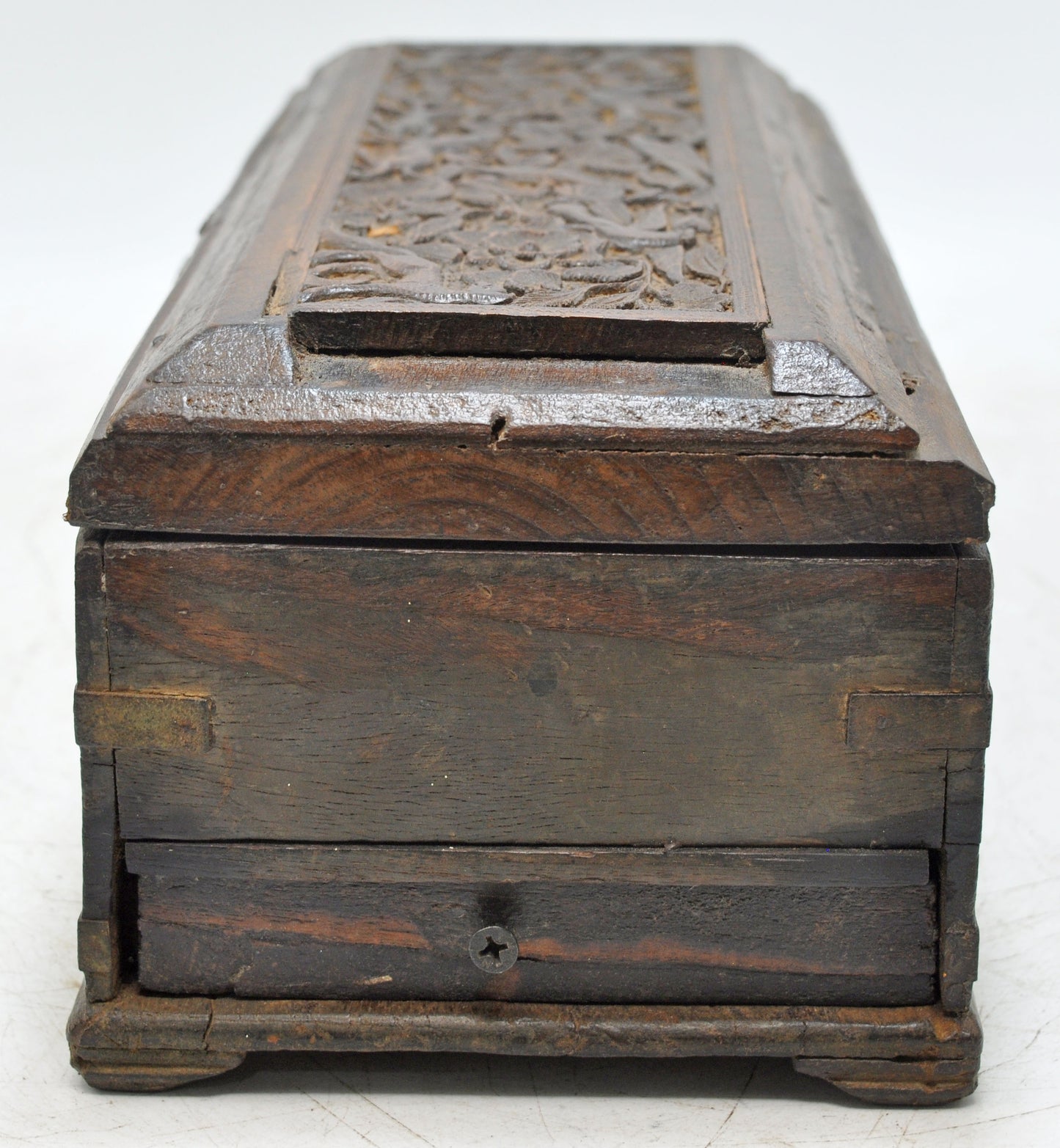 Antique Wooden Pencil Stationary Box Original Old Fine Hand Carved Metal Fitted
