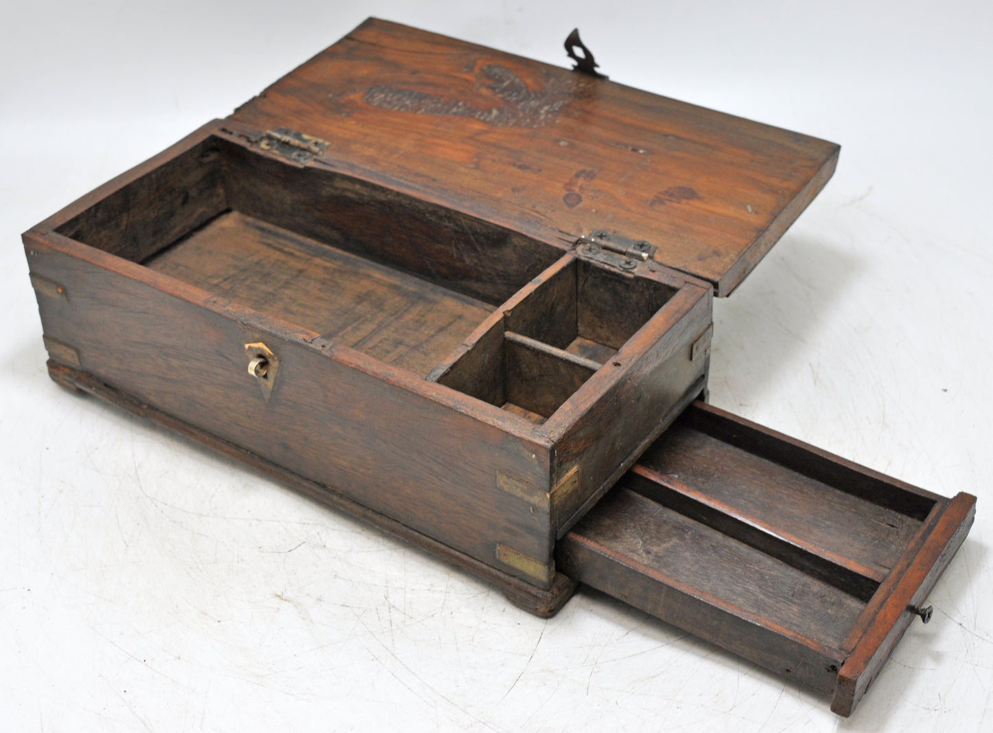 Antique Wooden Pencil Stationary Box Original Old Fine Hand Carved Metal Fitted