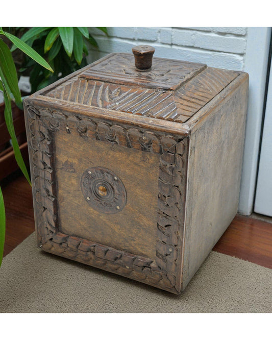 Antique Wooden Square Storage Chest Box Original Old Hand Carved