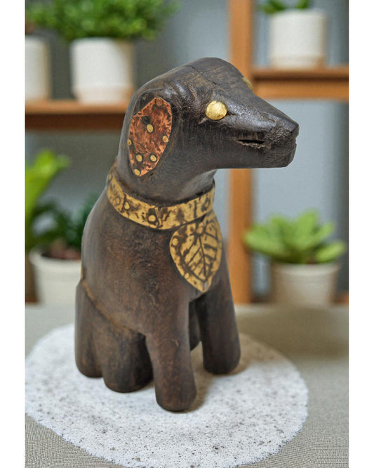 Vintage Wooden Small Dog Figurine Original Old Hand Carved Brass Fitted