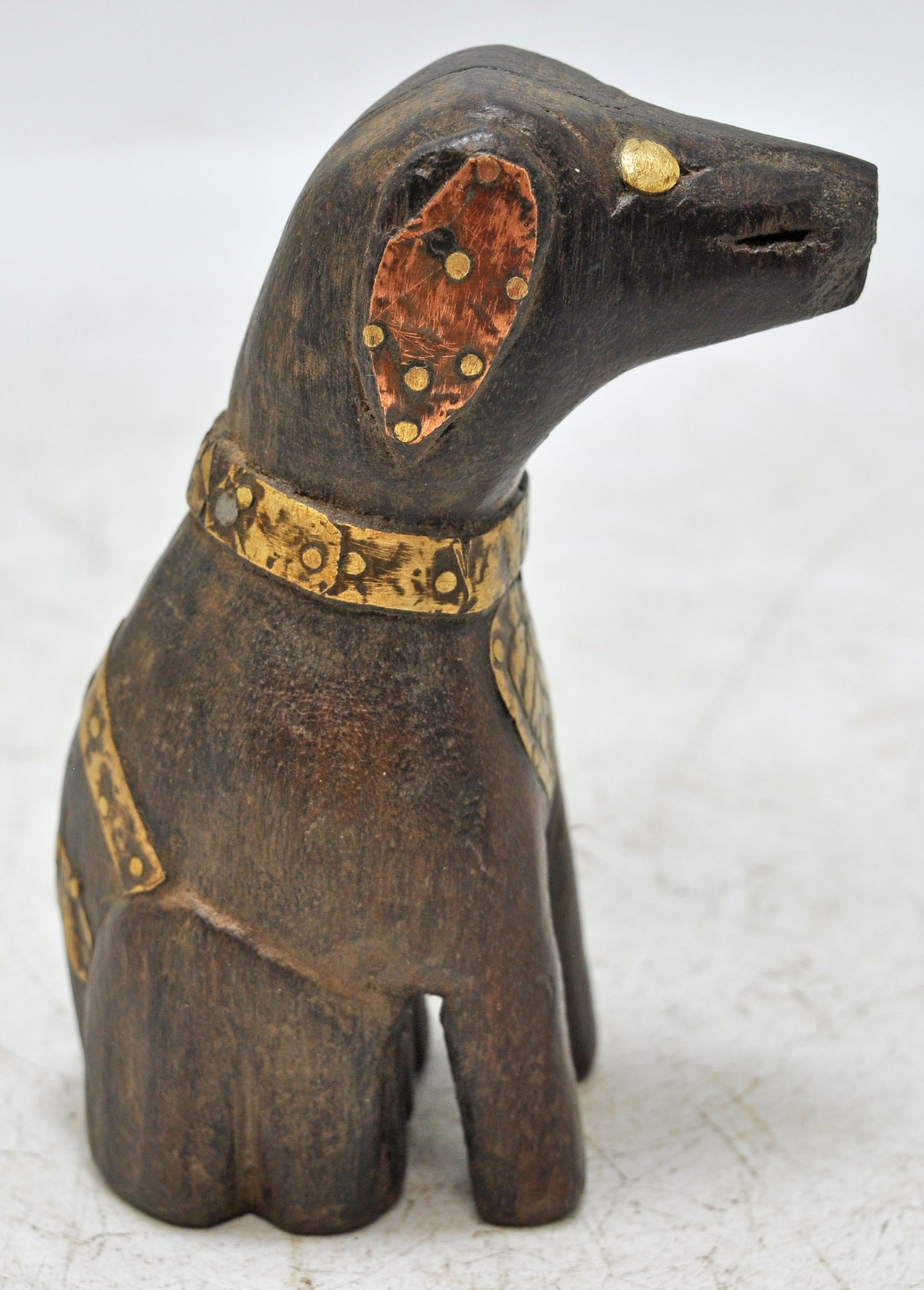 Vintage Wooden Small Dog Figurine Original Old Hand Carved Brass Fitted