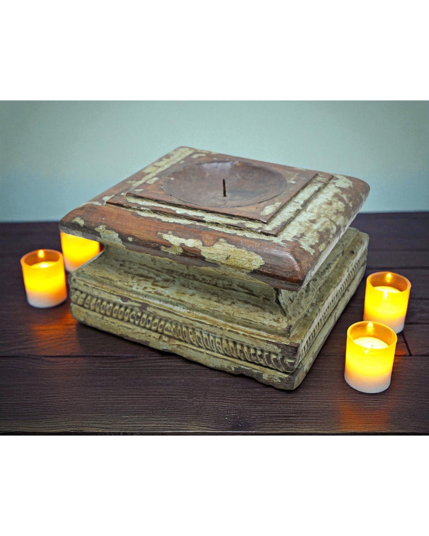 Antique Wooden Pillar Column Base Candle Holder Original Old Hand Carved