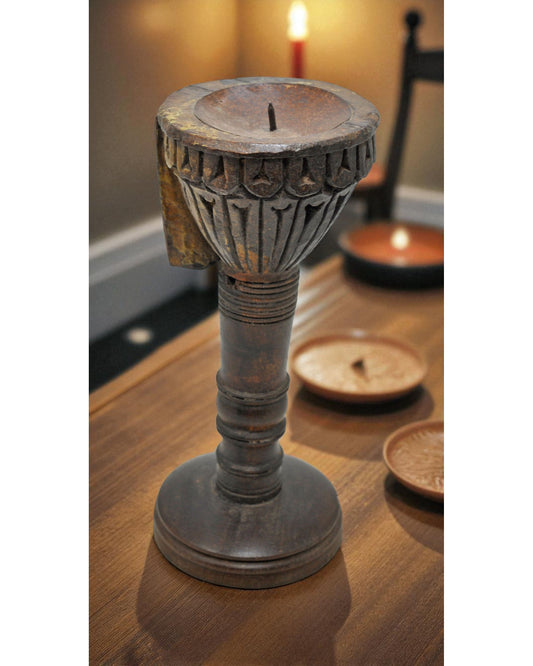 Antique Wooden Candle Holder Stand Original Old Hand Carved