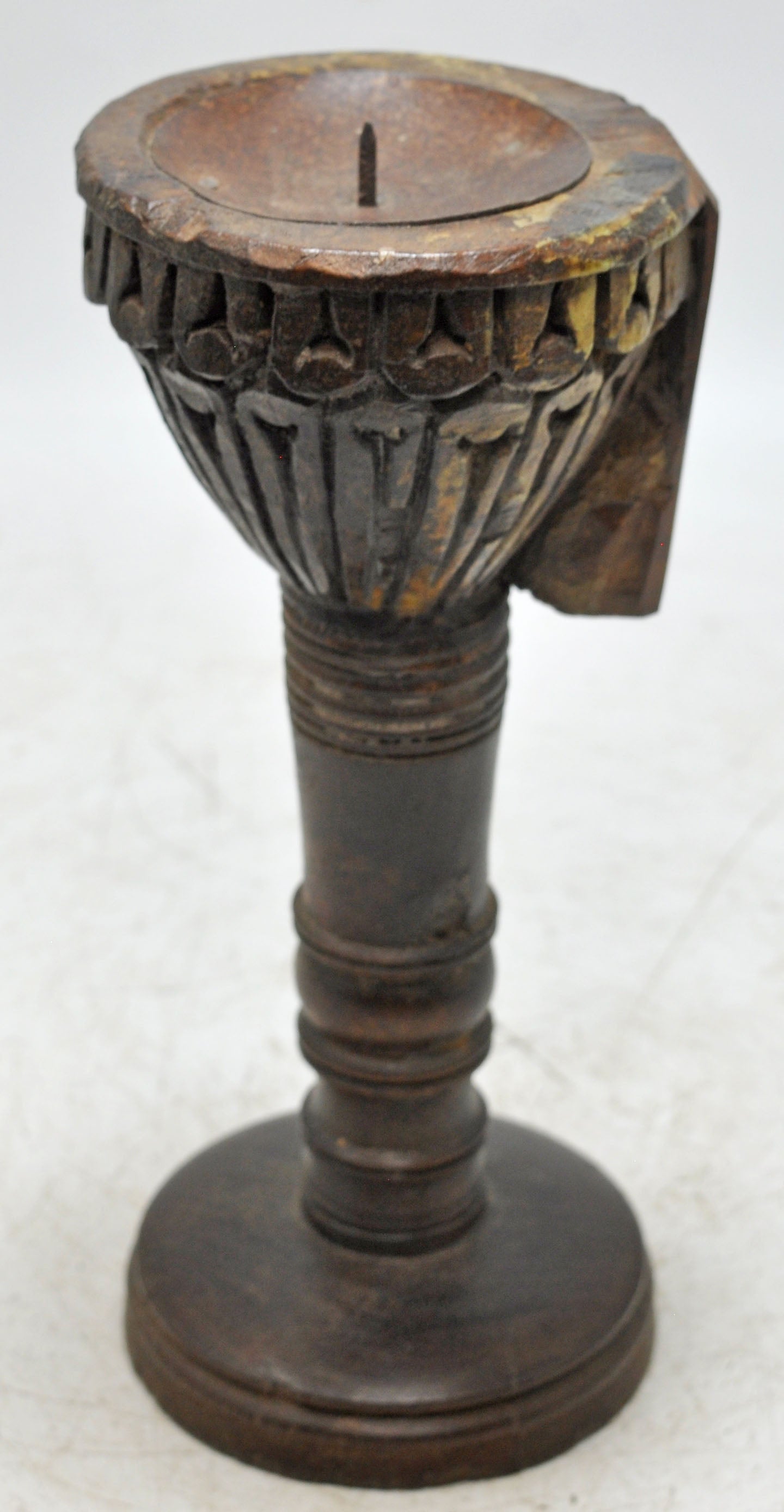 Antique Wooden Candle Holder Stand Original Old Hand Carved