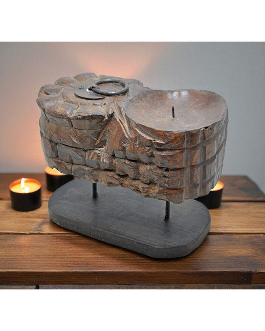 Antique Wooden Candle Holder Stand Original Old Hand Carved