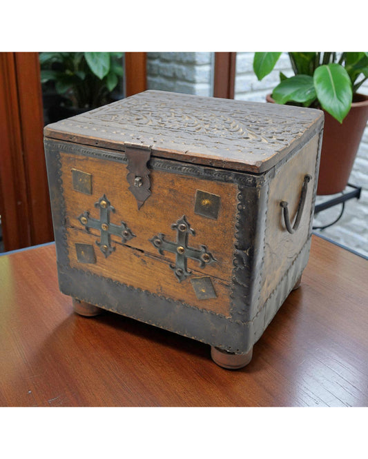 Vintage Wooden Square Storage Chest Box Original Old Fine Metal Fitted Carved