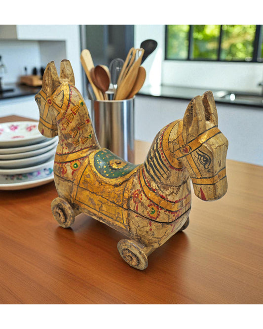 Hand Carved Rustic Painted Wooden Horse on Wheels Figurine Spice Box