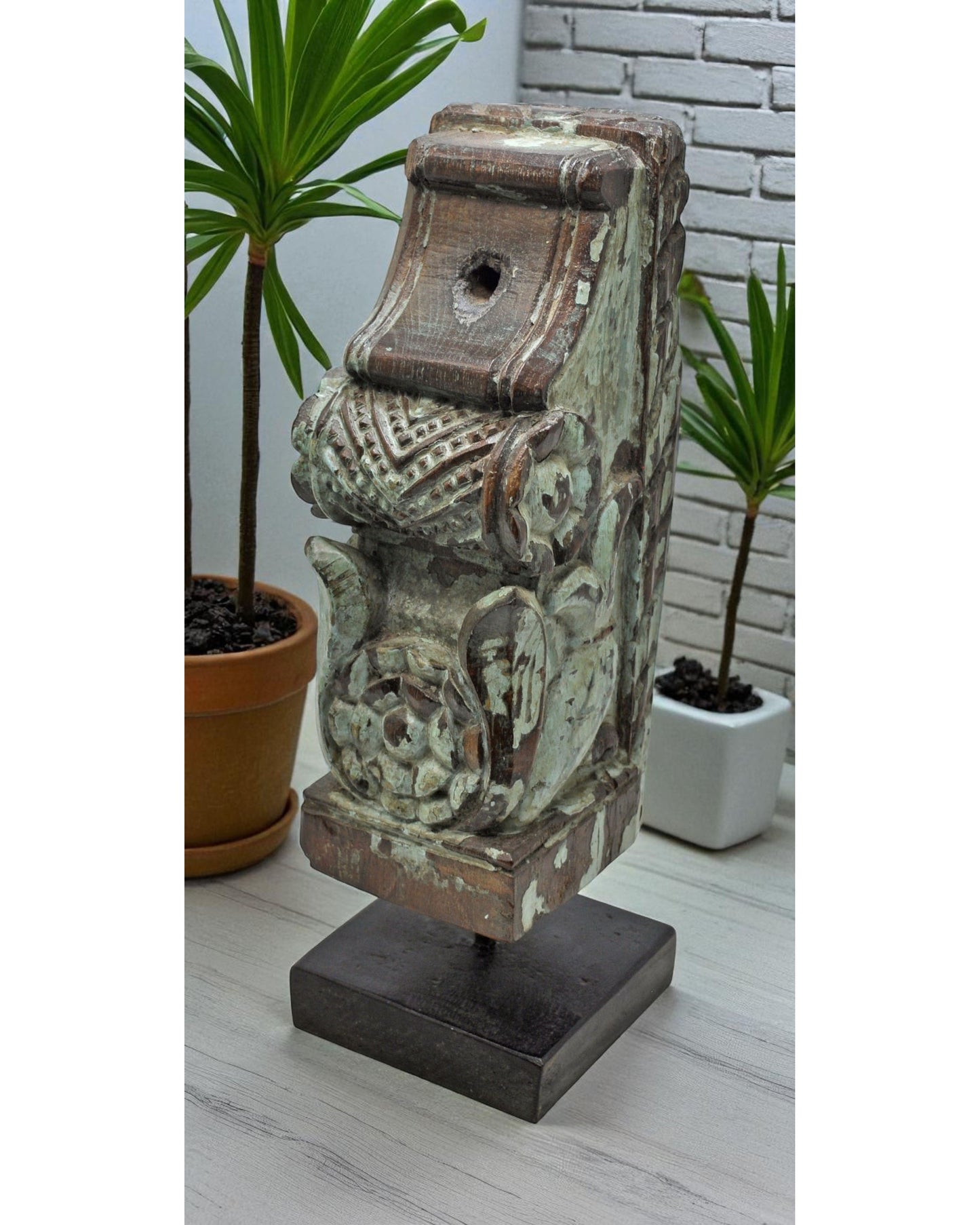 Antique Wooden Bracket Carving on Stand Original Old Fine Hand Carved Rustic Painted