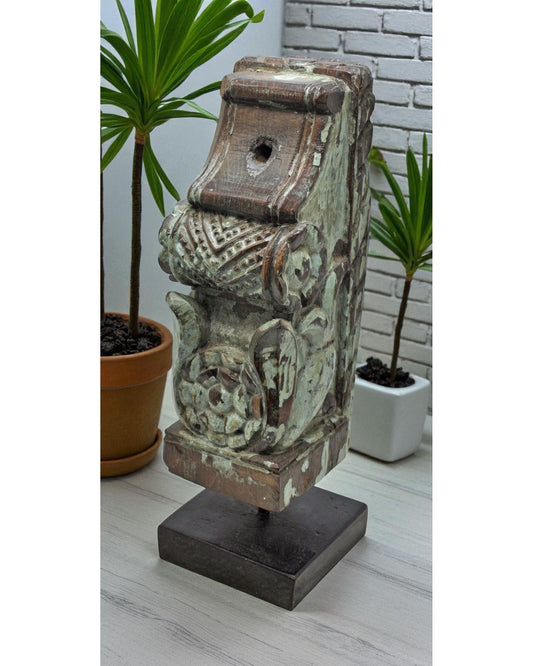 Antique Wooden Bracket Carving on Stand Original Old Fine Hand Carved Rustic Painted