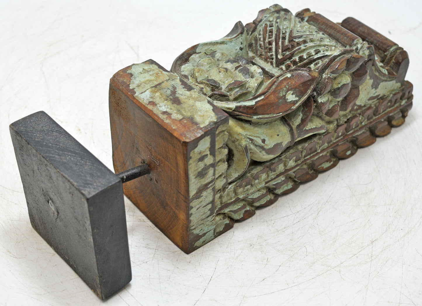 Antique Wooden Bracket Carving on Stand Original Old Fine Hand Carved Rustic Painted